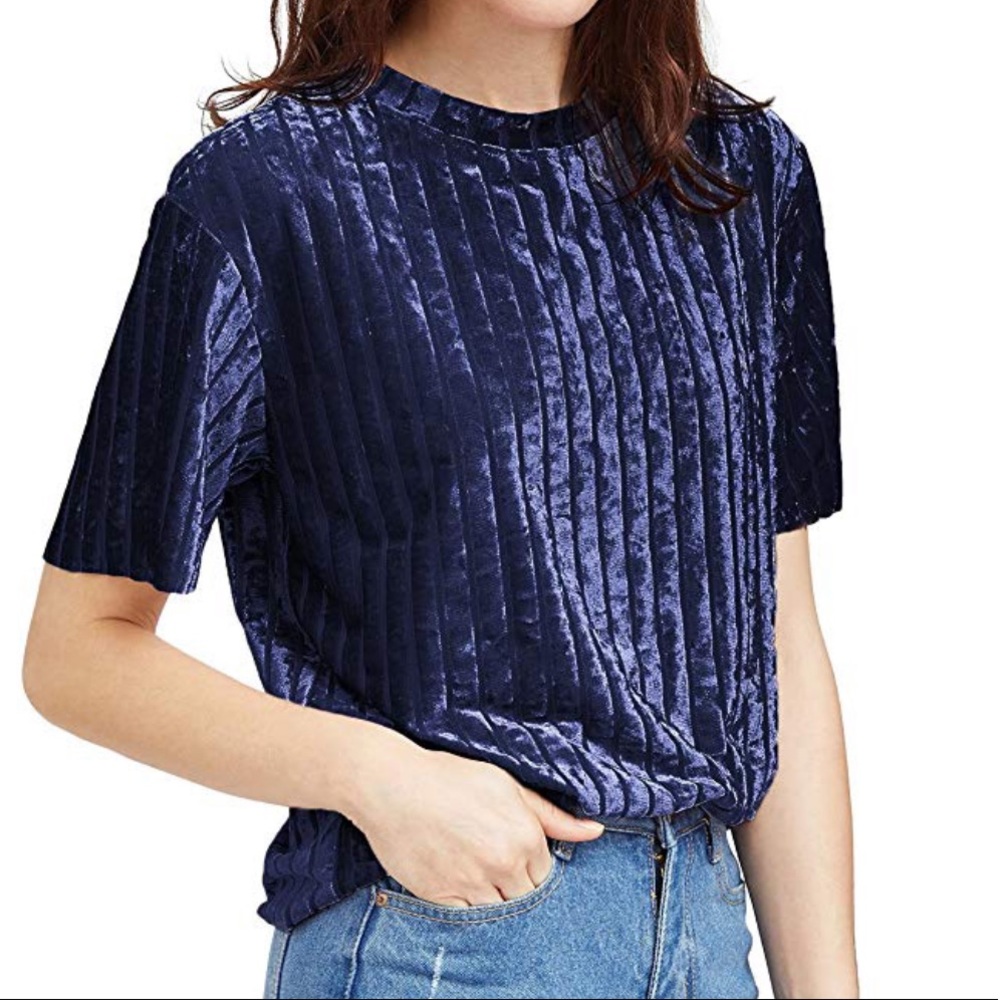3/$15 Velvet Mesh Vertical Stripe Short Sleeve Tee - Picture 2 of 9
